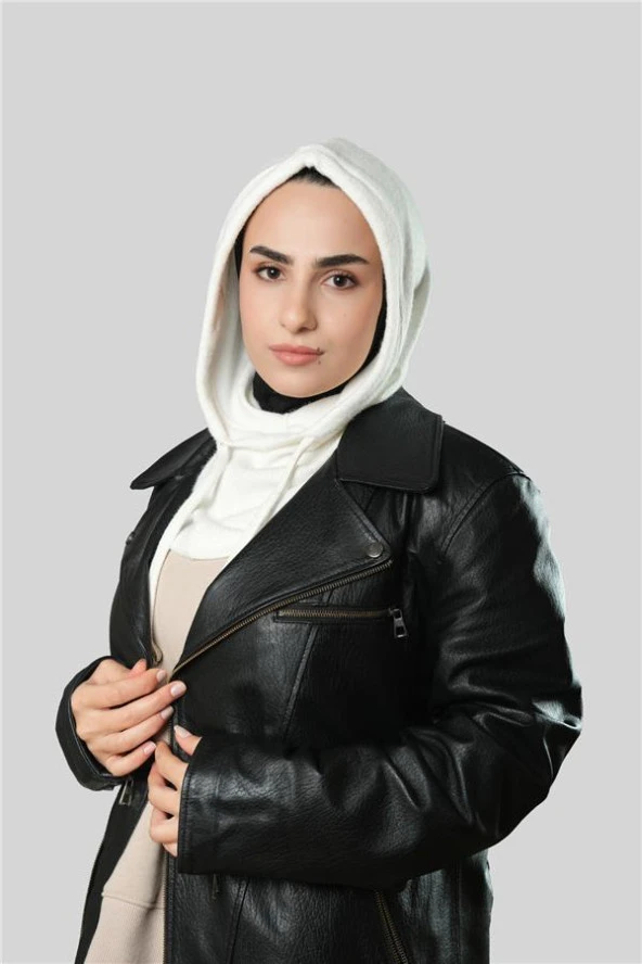 Krem Bağcıklı Peluş Salaş Balaklava Boyunluklu Bere Jakar Düz 2328_40 ürün görseli 1