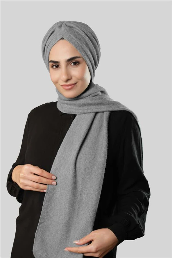 Gri Kışlık Kendinden Atkılı Peluş Tesettür Bone Jakar Düz 2329_15 ürün görseli 1