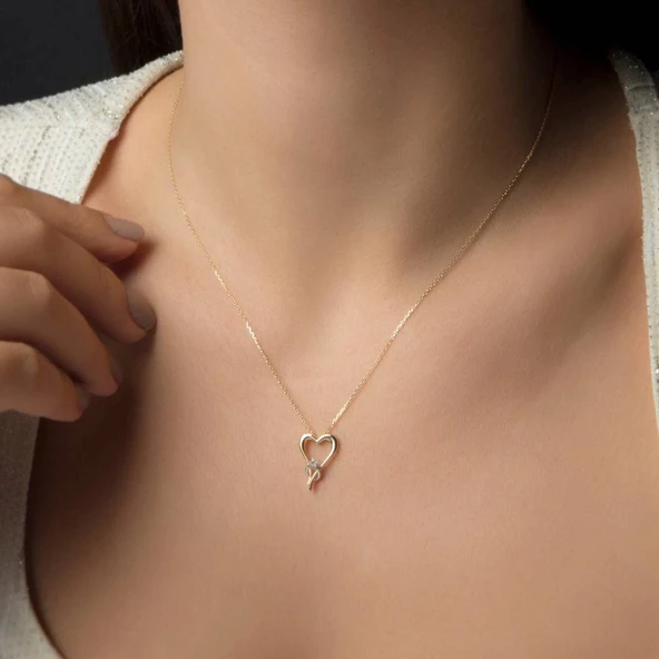 Kalp Tektaş Altın Kolye 14K Gold - Resim 2