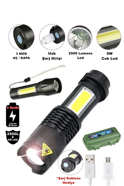 Tak-03 Ultra Güçlü 2500 Lumens + 5w Cob Led Usb Şarjlı El Feneri Kutulu Kamp Feneri Avcılık Feneri ürün görseli 1