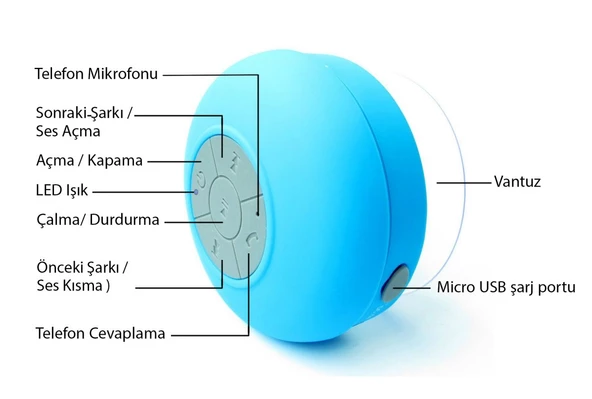 Su Geçirmez Mini Bluetooth Duş Hoparlörü (Mavi) - Resim 4