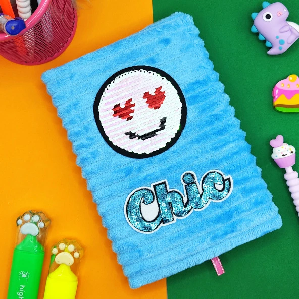 Peluş Pullu Not Defteri (20X13 cm) , 60 Yaprak, Kalpli Gülenyüz - Mavi ürün görseli 1