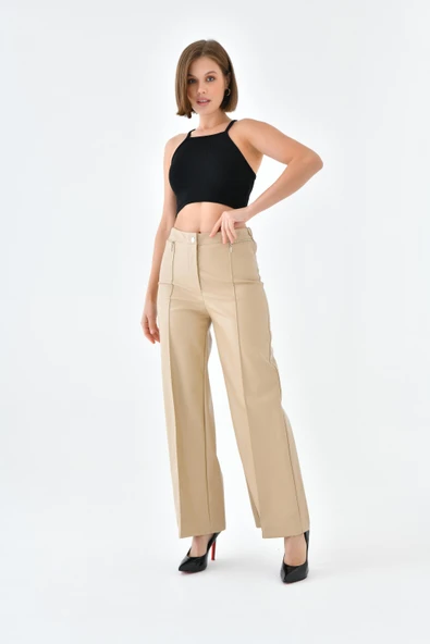 FTZ Women Kadın Deri Pantolon  Beige 30634 ürün görseli 1