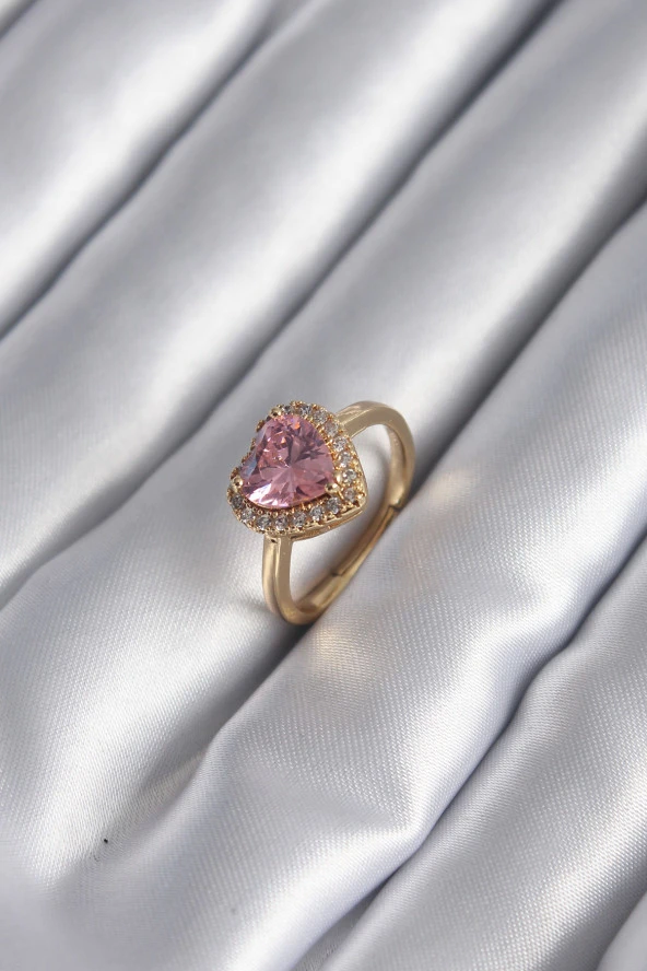 Pirinç Gold Renk Pembe Zirkon Taş Kalp Charm Model Kadın Yüzük ürün görseli 1