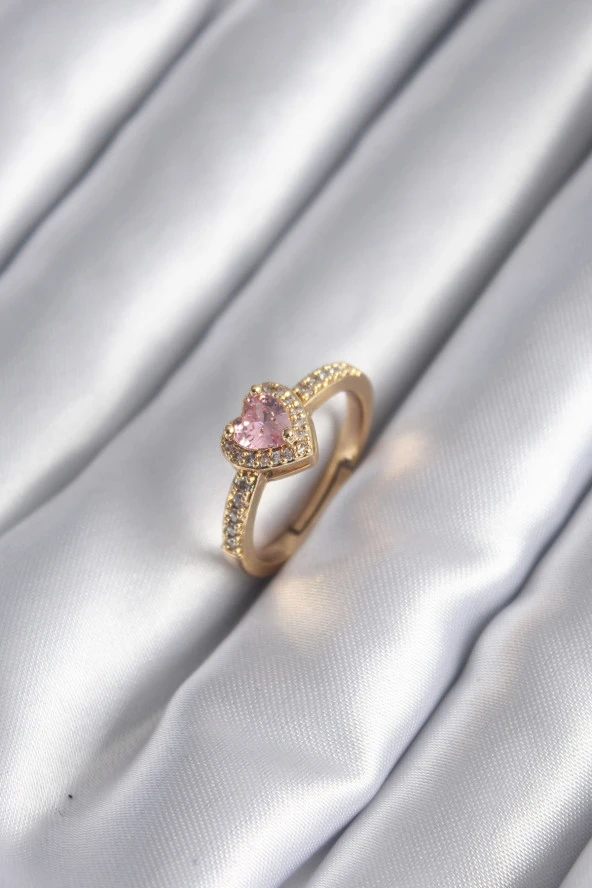 Pirinç Gold Renk Pembe Zirkon Taş Kalp Charm Model Kadın Yüzük ürün görseli 1
