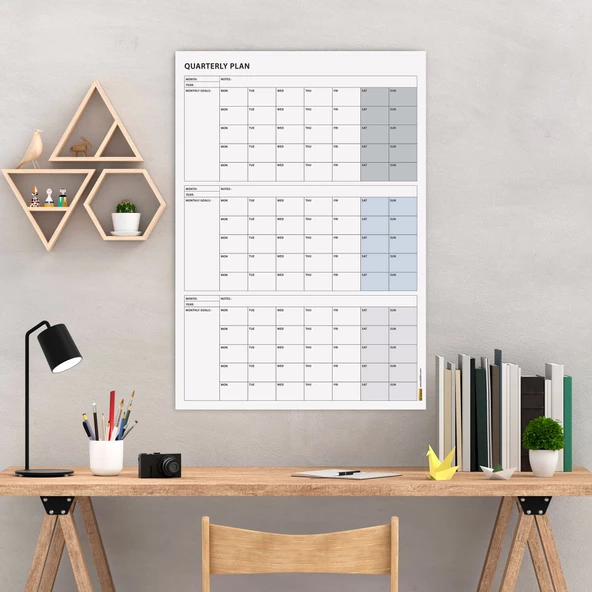 Tarihsiz Üç Aylık Duvar Takvimi, Gri Renk, Üç Aylık Duvar Planlayıcısı, 90 Günlük Takvim, 90 Günlük Plan - 50x70 cm ürün görseli 1