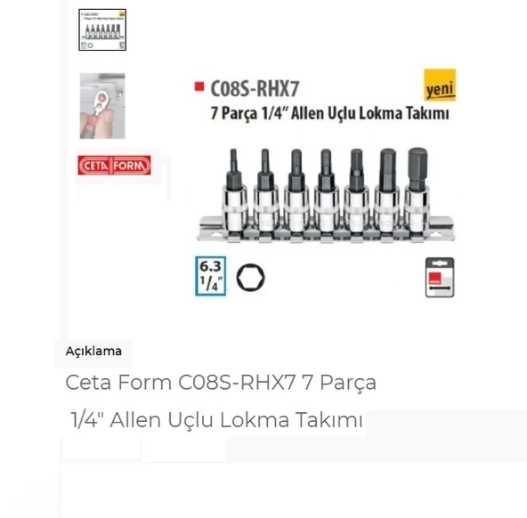 Ceta Form C08s-rhx7 7 Parça 1/4" Allen Uçlu Lokma Takımı ürün görseli 1