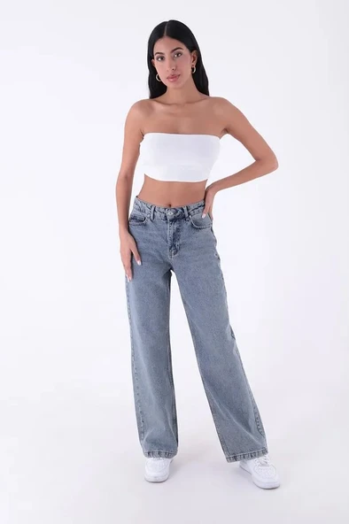 Geniş Paçalı ve Yüksek Belli Cepli Rahat Kadın Kot Pantolon Relaxed Jean Orta Mavi Tintli  Denim ürün görseli 1