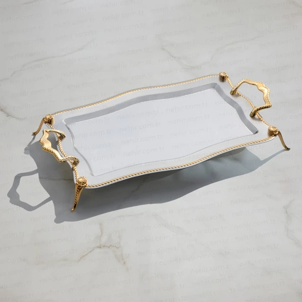 Nehir Zincir Ayaklı Altın Çay Tepsi - 47x31 Cm ürün görseli 1