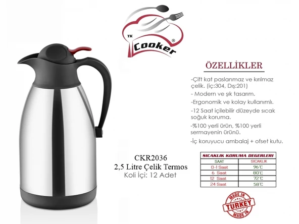 Cooker CKR2036 2.5 Litre Çift Katlı Paslanmaz Çelik Termos - Resim 5