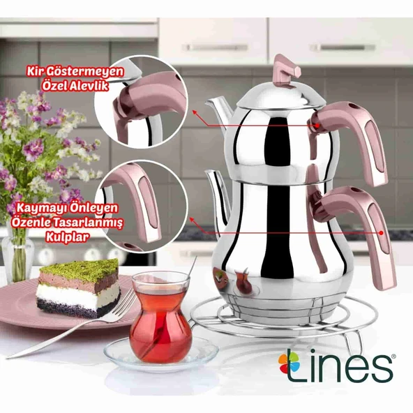 Lines Şahmeran Orta Boy Soft Kulp Çelik Çaydanlık - Rose - Resim 3
