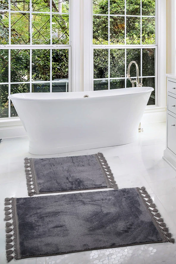 Relax Antrasit 60x100 + 50x60 cm 2li Köşeli Ponpon Saçaklı Banyo Halısı Paspası Seti Kaymaz Tabanlı ürün görseli 1
