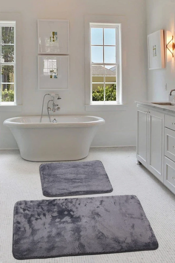 Relax Antrasit Köşeli 60x100 + 50x60 cm 2li Pufidik Banyo Paspası Seti Kaymaz Klozet Takımı ürün görseli 1