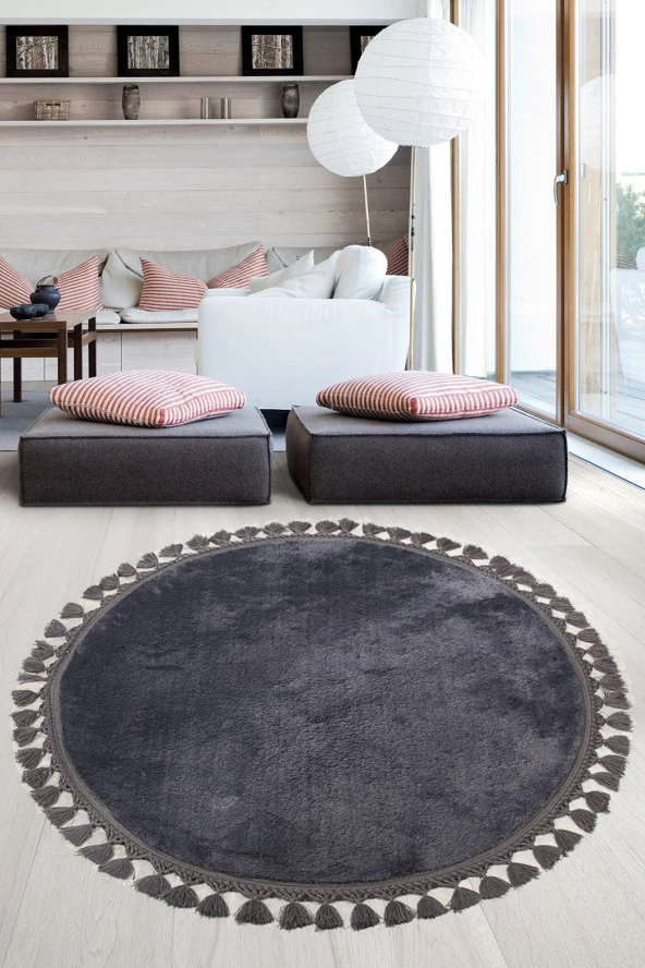 Relax Antrasit Yuvarlak 150x150 Cm Ponpon Saçaklı Kaymaz Tabanlı Makinede Yıkanabilir Banyo Paspası ürün görseli 1