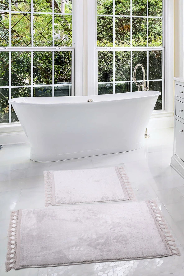Relax Gri 60x100 + 50x60 cm 2li Köşeli Ponpon Saçaklı Banyo Halısı Paspası Seti Kaymaz Yıkanabilir ürün görseli 1