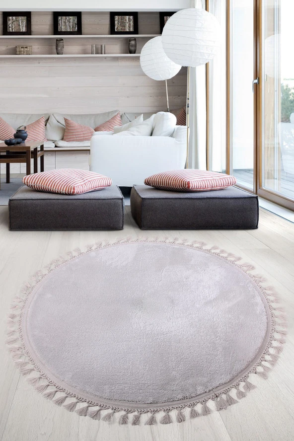 Relax Gri Yuvarlak 120x120 Cm Ponpon Saçaklı Kaymaz Tabanlı Makinede Yıkanabilir Banyo Paspası ürün görseli 1