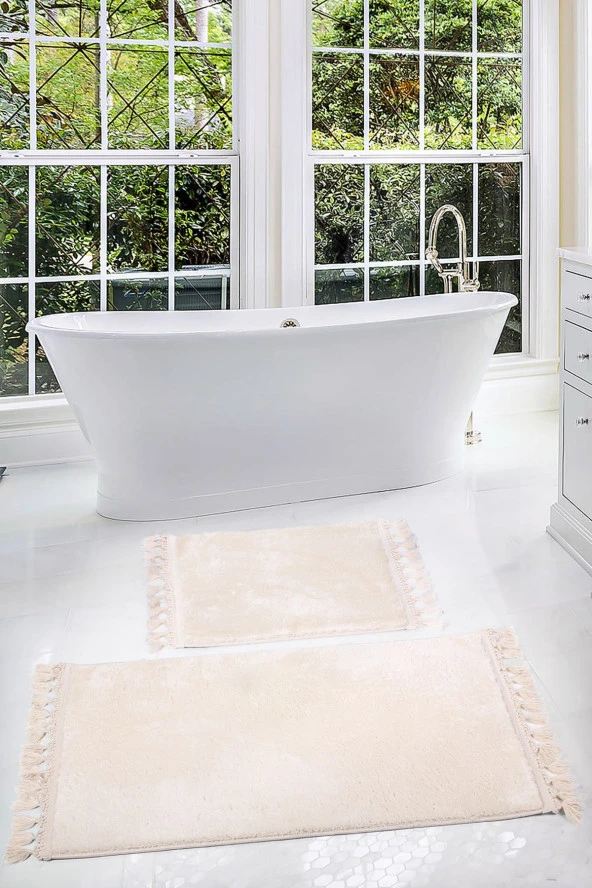 Relax Krem 60x100 + 50x60 cm 2li Köşeli Ponpon Saçaklı Banyo Halısı Paspası Seti Kaymaz Yıkanabilir ürün görseli 1