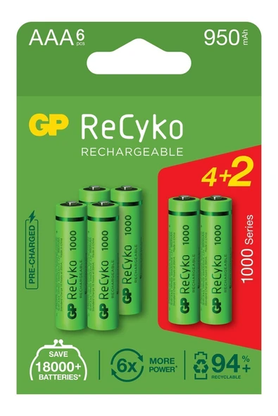 Gp Recyko 1000 Aaa Ni-mh Şarj Edilebilir Ince Kalem Pil 4 2'li Ambalaj ürün görseli 1