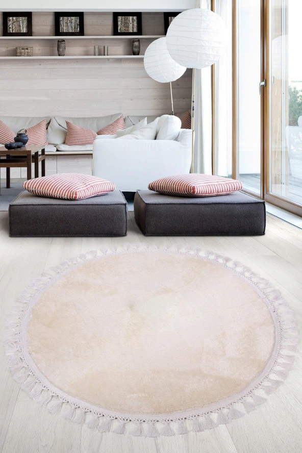Relax Krem Yuvarlak 120x120 Cm Ponpon Saçaklı Kaymaz Tabanlı Makinede Yıkanabilir Banyo Paspası ürün görseli 1
