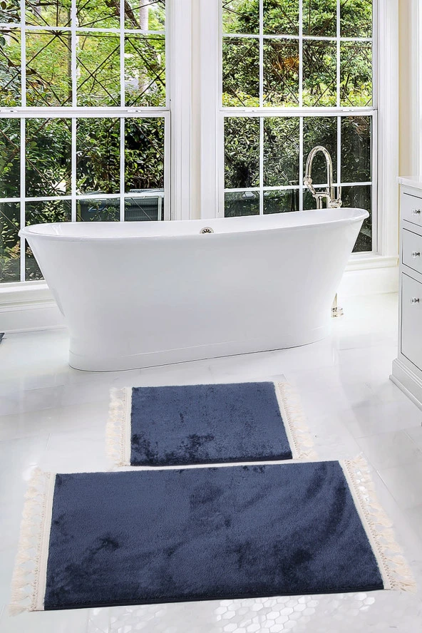 Relax Lacivert 60x100 + 50x60 cm 2li Köşeli Ponpon Saçaklı Banyo Halısı Paspası Seti Kaymaz Tabanlı ürün görseli 1
