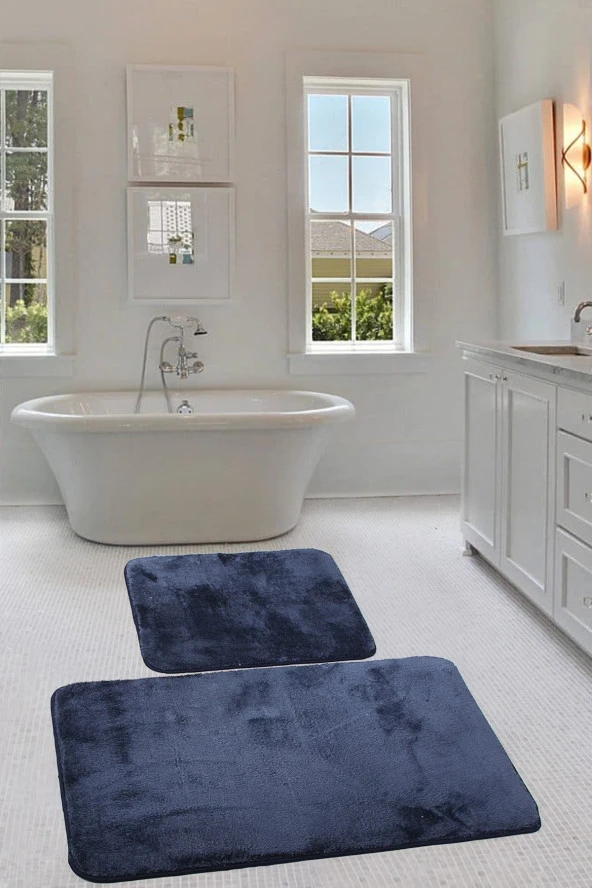 Relax Lacivert Köşeli 60x100 + 50x60 cm 2li Pufidik Banyo Paspası Seti Kaymaz Klozet Takımı ürün görseli 1