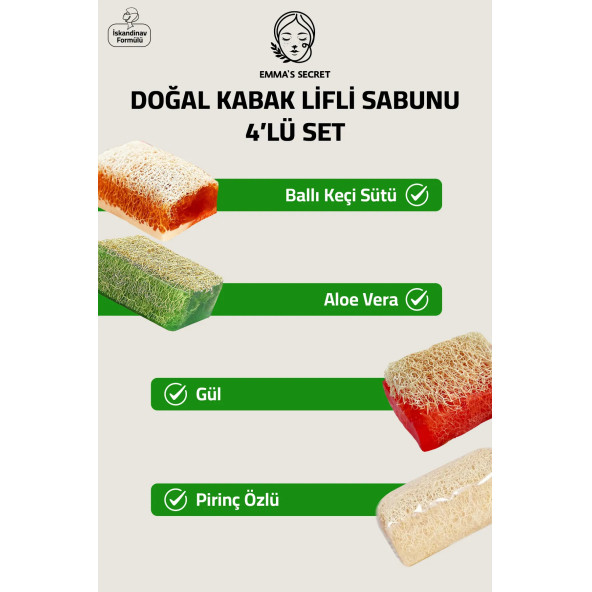 EMMAS SECRET Doğal Kabak Lifli Sabunu, Ballı Keçi Sütü, Pirinç Özlü, Aloe Vera, Gül, dörtlü Sabun Set ürün görseli 1