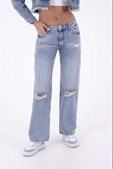 Yırtıklı Detaylı ve  Düşük Belli Rahat / Relaxed Palazzo Jean Kadın Kot Pantolon Orta Mavi Denim  ürün görseli 1