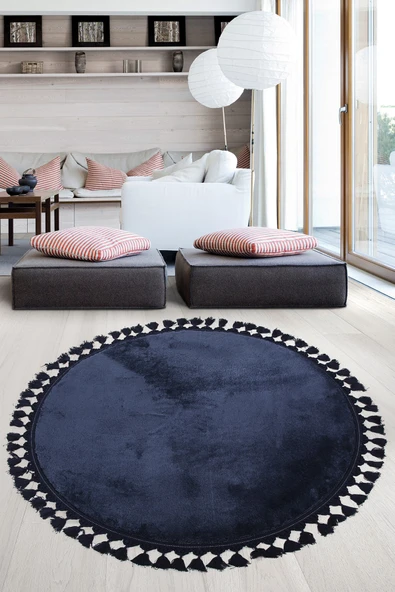 Relax Lacivert Yuvarlak 120x120 Cm Ponpon Saçaklı Kaymaz Tabanlı Makinede Yıkanabilir Banyo Paspası ürün görseli 1