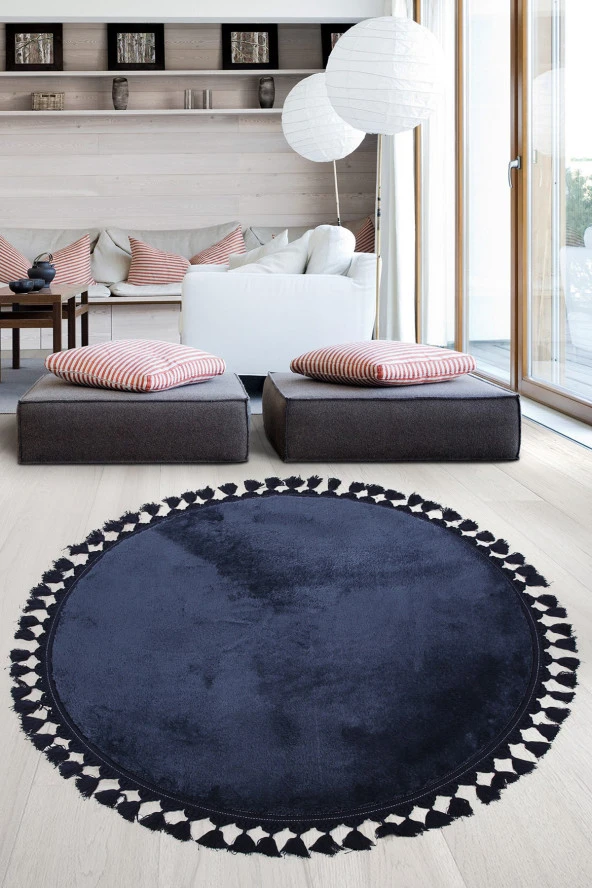 Relax Lacivert Yuvarlak 150x150 Cm Ponpon Saçaklı Kaymaz Tabanlı Makinede Yıkanabilir Banyo Paspası ürün görseli 1