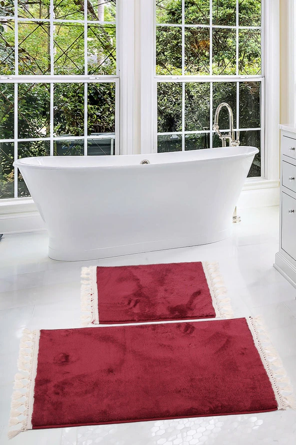 Relax Mürdüm 60x100 + 50x60 cm 2li Köşeli Ponpon Saçaklı Banyo Halısı Paspası Seti Kaymaz Tabanlı ürün görseli 1