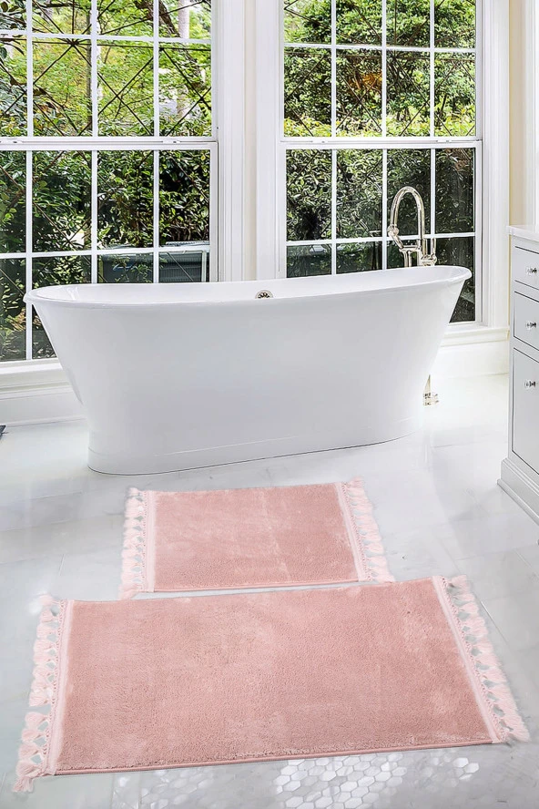 Relax Pudra 60x100 + 50x60 cm 2li Köşeli Ponpon Saçaklı Banyo Halısı Paspası Seti Kaymaz Tabanlı ürün görseli 1