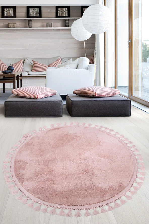 Relax Pudra Yuvarlak 150x150 Cm Ponpon Saçaklı Kaymaz Tabanlı Makinede Yıkanabilir Banyo Paspası ürün görseli 1
