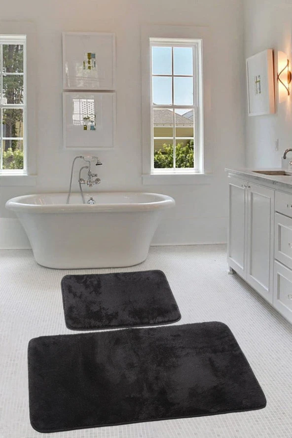 Relax Siyah Köşeli 60x100 + 50x60 cm 2li Pufidik Banyo Paspası Seti Kaymaz Klozet Takımı ürün görseli 1