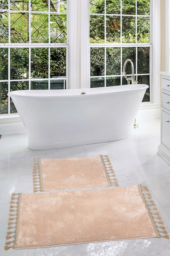 Relax Vizon 60x100 + 50x60 cm 2li Köşeli Ponpon Saçaklı Banyo Halısı Paspası Seti Kaymaz Tabanlı ürün görseli 1