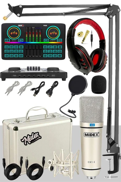 Midex CX1 Effective Set-2 Efektli Ses Kartı Mikrofon Kulaklık Stand Kayıt Canlı Yayın Seti (PC ve Telefon) ürün görseli 1
