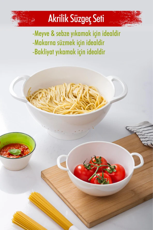 Akrilik Beyaz 2 Li Süzgeç Seti ( Makarna & Pirinç Süzgeci ) ürün görseli 1