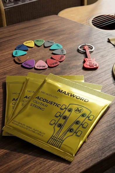 Maxword GT-Acoustic-3X Kaliteli Akustik Gitar Teli 3 Takım Set (12 Pena Hediye) ürün görseli 1