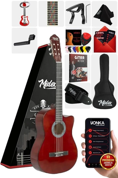 Midex CG-395BR Kahve Renk Kesik Klasik Gitar 4/4 Yetişkin Boy Sap Ayarlı Full Set ürün görseli 1