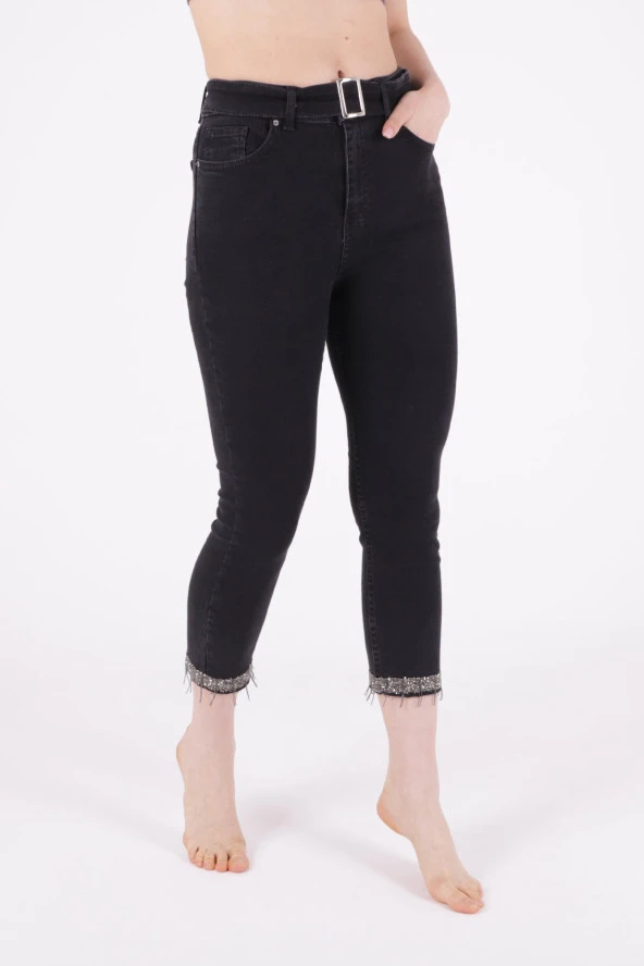 Dar Kalıplı ve Paçaları Taşlı Kemer Detaylı Yüksek Belli Skinny Kadın Kot Pantolon Normal Antrasit ürün görseli 1