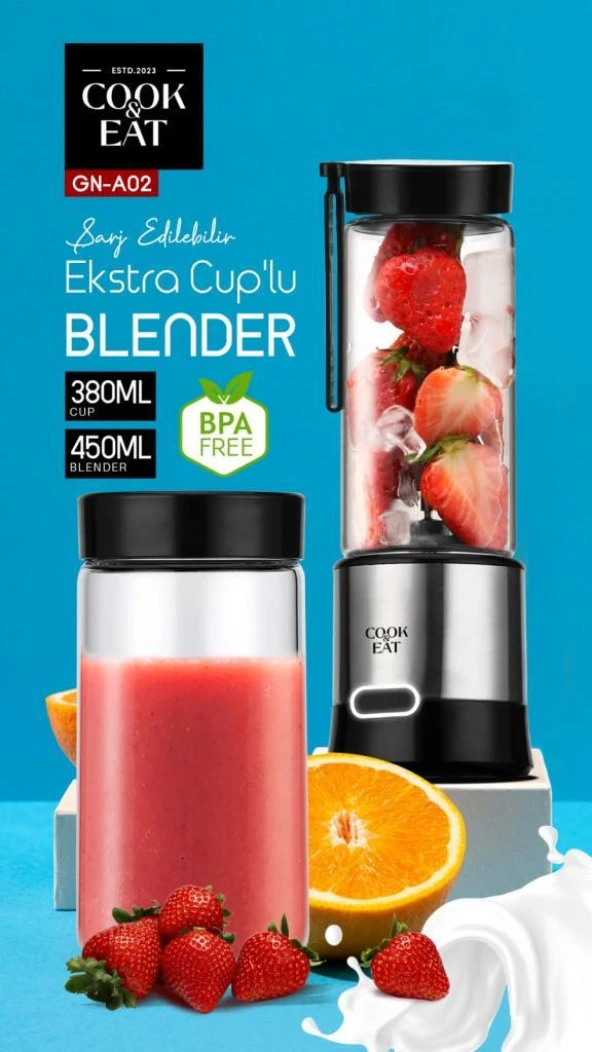 Cook Eat 450Ml + 380Ml Taşınabilir Şarjlı Metal Kişişel Blender GN-A02 ürün görseli 1