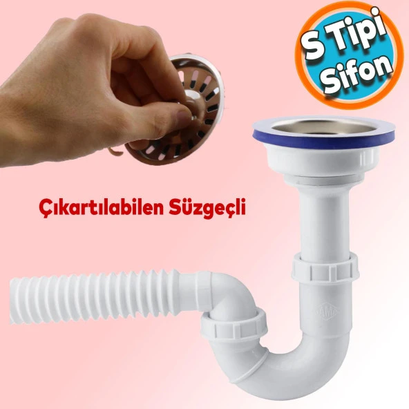 Süzgeçli Geniş Kafalı Körüklü İşyeri Yemekhane Evye Sifonu Gider Borusu S Tipi Akordiyon Plastik 15-35 cm ürün görseli 1