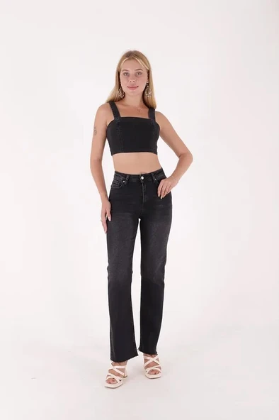 Paçaları Dikişsiz ve Geniş Paçalı Yüksek Belli Rahat/Relaxed Kadın Kot Pantolon Antrasit Denim Jean ürün görseli 1