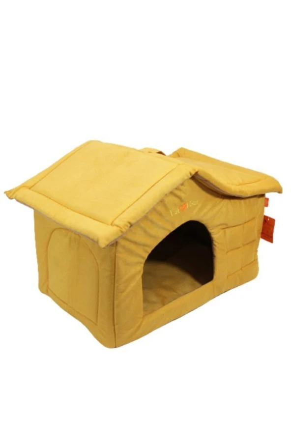 Çatılı Kedi Ve Köpek Evi Sarı Kadife Iç Mekan ürün görseli 1