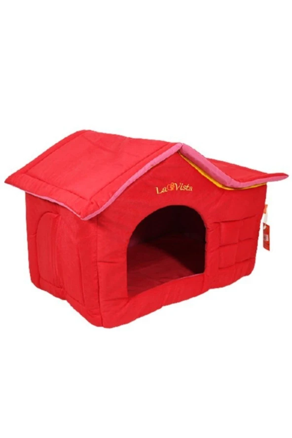Çatılı Kedi Ve Köpek Evi Kırmızı Kadife Iç Mekan ürün görseli 1