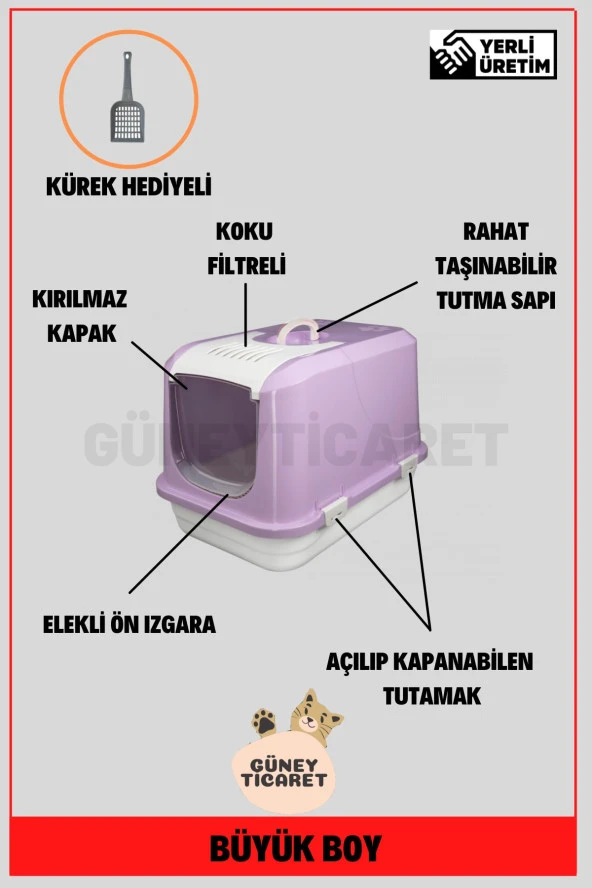 Kırılmaz Kapaklı Filtreli Büyük Boy Kapalı Kedi Tuvaleti Lila 58x42x42 cm Kürek Hediyeli ürün görseli 1