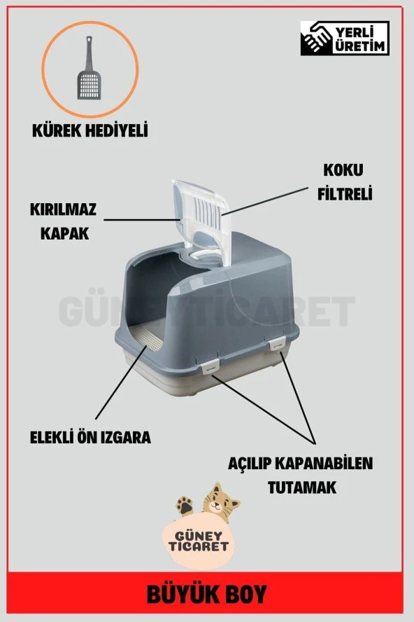 Büyük Boy Kapalı Kedi Tuvaleti Gri 58x42x42 Cm Kürek Hediyeli ürün görseli 1