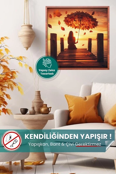Yapraktan Şemsiyeli İskelede Oturan Kadın-Empresyonizm Tarz Statik Tutunan Akıllı Kağıt Duvar Poster ürün görseli 1