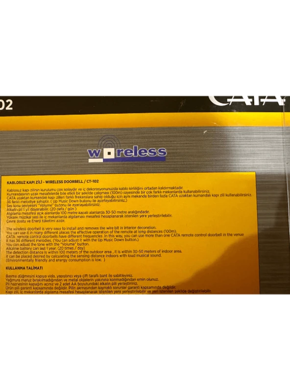 Cata Ct-102 Kablosuz Kapı Zili (Gri Kenarlı) - Resim 3
