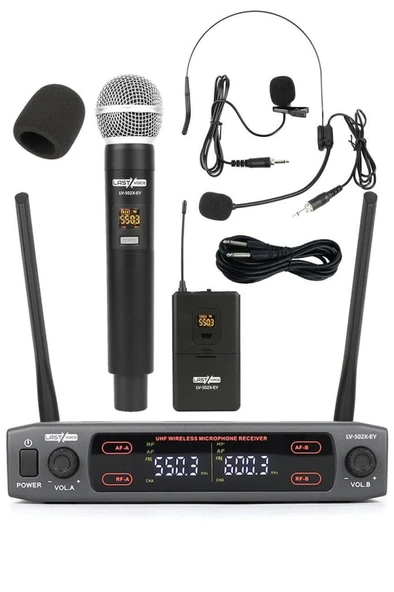 Lastvoice Lv-502EY UHF Dijital 2x30 Kanal Çiftli EL Yaka Headset Telsiz Kablosuz Mikrofon ürün görseli 1