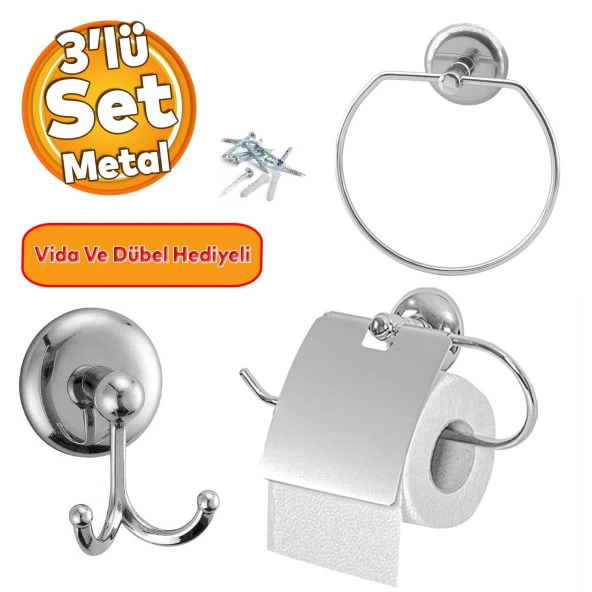 Krom Metal Sağlam Aparat Vidalı Lavabo Banyo Wc Bez Havlu Çatal Askı Tuvalet Kağıtlık 3lü Set ürün görseli 1
